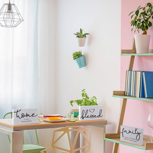 Jetec 3 Pcs Family Home Blessed Rustic Wood Sign Mini Wood Decorative Farmhouse Woodworks Table Shelves Decorations Sign for Bedroom Kitchen Livin...