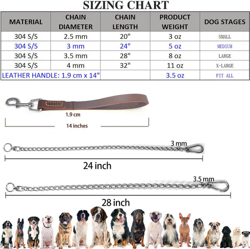 Dog Chain Short Leash with Leather Handle, 304 Stainless Steel Dog Short Lead Metal Heavy Duty Chain DIY Double Dog Leashes,Extend&Coupler. (Leath...