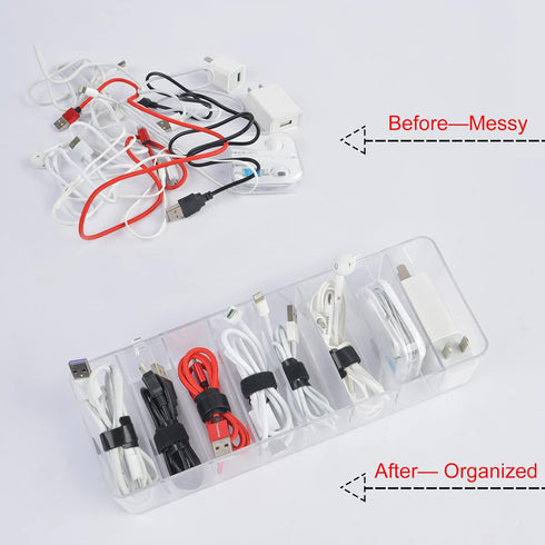 Acrylic Electronics Organizer-8 Sections Clear Cable Storage Bin Box,Cord Management Holder,Desk Storage Accessories with 20 PCS 6 Inch Reusable F...
