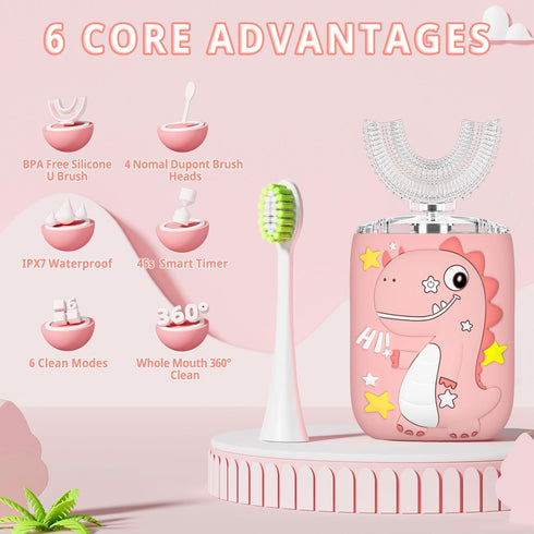 Kids U Shaped Electric Toothbrush, Toddler Toothbrush with 2 U-Shaped Brush Heads 2 Soft Replacements with Toothpaste Automatic Toothbrush Recharg...