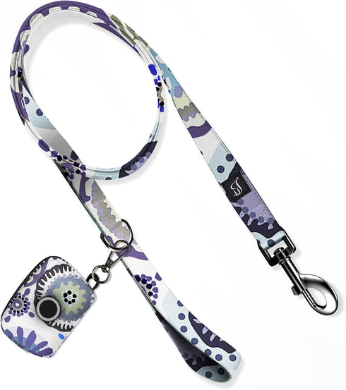 Ultra Joys Dog Leash with Dog Poop Bag Dispenser - Heavy Duty Cotton Fabric Pet Leash with Metal Clasps - Blue Daisy 5ft Dog Leash and Dog Waste B...