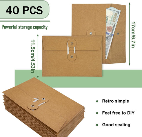 40 Pcs Kraft Paper Envelopes with String Tie Closure Project Pockets Document Organizer for Office Folder Booklet Bag, 4.53 x 6.7 inches (Brown)...