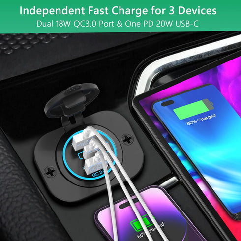 Car 12V USB Outlet Charger: Qidoe 66W Multi USB Power Socket Charger 12V Motorcycle Outlet Dual QC3.0 Port and PD 30W USB-C with Switch Waterproof...