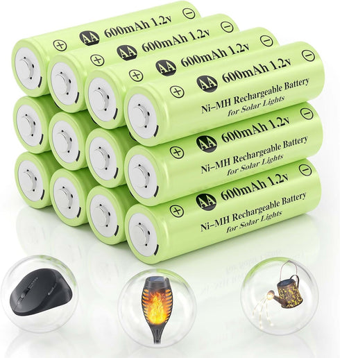 AA 1.2v Ni-MH Rechargeable Batteries, AA 600mAh 1.2V Solar Batteries, Double A Pre-Charged Batteries for Outdoor Solar Lights, Pathway Lights (AA ...
