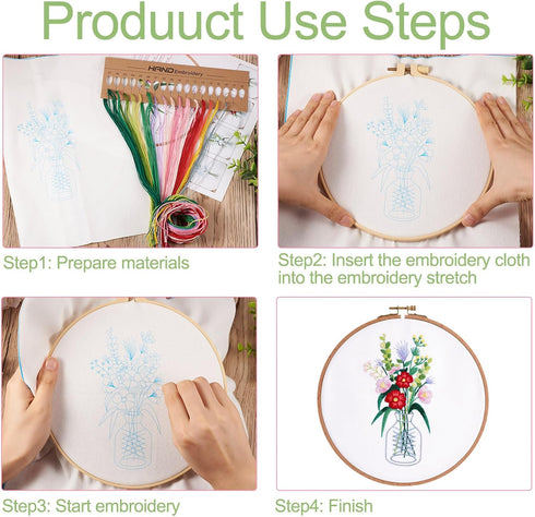 Magibeads 3 Sets Beginner Embroidery Kit Vase Flower Arranging Cross Stitch Patterns Crochet Kit with Embroidery Thread Fabric Instruction Knittin...