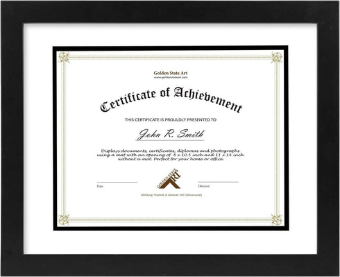 Golden State Art, 11x14 Diploma Frame for 8.5x11 Document & Certificates with Mat, Or 11x14 Without Mat, Real Glass, Double Mat (Black with White/...