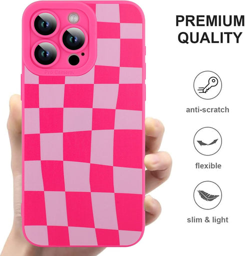 ZIYE for iPhone 14 Pro Max Case Hot Pink Grids Plaid Checkerboard Pattern Phone Case with Camera Protection,Soft TPU Silicone Rubber Protective Co...