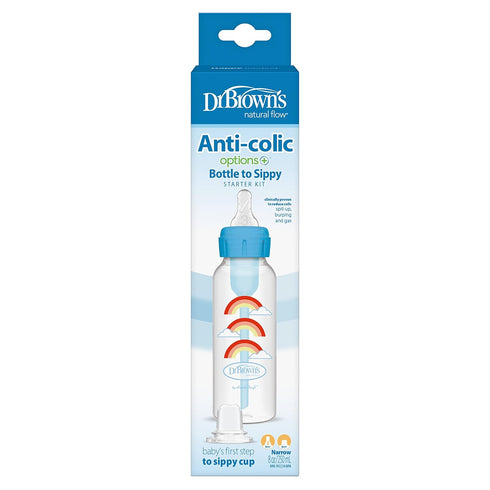 Dr. Brown's Anti-Colic Options+ Narrow Sippy Bottle Starter Kit, 8oz/250mL, with Level 3 Medium-Fast Flow Nipple and Soft 100% Silicone Sippy Spou...
