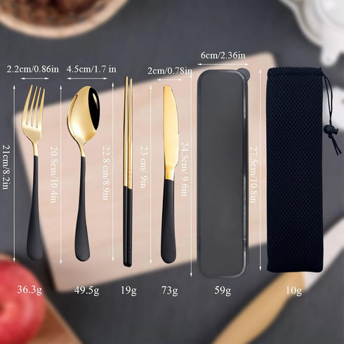 Black Portable Flatware Cutlery Set, TWUTGAYW Stainless Steel Travel Utensils with Case, Reusable Chopsticks Knife Spoons and Forks Set, Gold Camp...