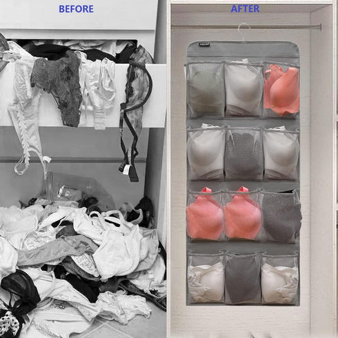 Dual Sided Hanging Shoe Organizer for Closet with Rotating Hanger Hanging Shoe Rack Holder with 24 Large Pockets (Grey-Mesh Pockets)...