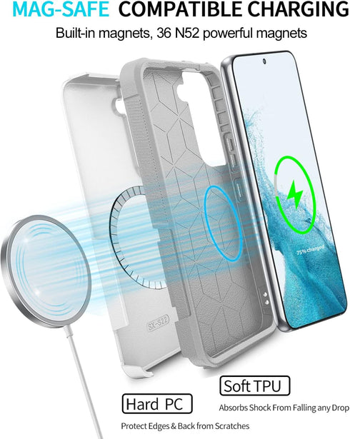 for Galaxy S22 Case Magnetic Compatible with MagSafe, Drop Protection Rugged Shockproof Phone Cover for Samsung Galaxy S22 (White)...