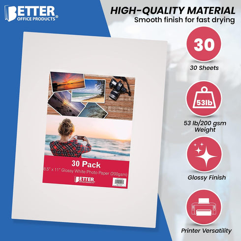 Better Office Products Glossy Photo Paper, 8.5 x 11 Inch, 30 Sheets, 200 gsm, Letter Size, 30-Count Pack...
