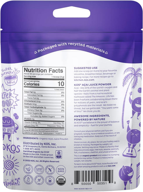 KOS USDA Organic Acai Powder, Unsweetened Superfood - Natural Antioxidant, Acai Berry for Smoothies and Bowls - Polyphenol Abundant, Gluten-Free, ...