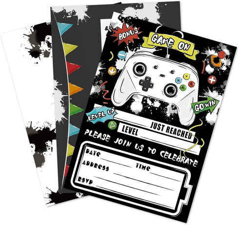 WERNNSAI Watercolor Video Game Party Invites - 20 Set Fill-in Invitations with Envelopes for Boys Game Theme Birthday Party Supplies Double-Sided ...