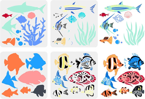 FINGERINSPIRE 4 Pcs Layered Ocean Fish Stencil 11.8x11.8 inch Sea Ocean Creatures Stencil Template Plastic Coral Fish Conch Shell Pattern Painting...