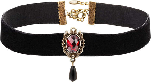 Gothic Ruby Retro Black Velvet Choker Necklace for Women, Halloween Vampire Cosplay Jewelry...
