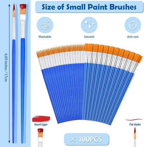 Small Paint Brushes Bulk, Anezus 100 Pcs Paint Brushes for Kids Acrylic Paint Brushes Set with Flat and Round Pointed Paint Brushes Craft Paint Br...