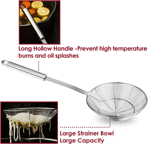 Stainless Steel Spider Strainer Skimmer Spoon For Frying and Cooking - Set of 3 Solid Wire Asian Strainer Ladle Pasta Strainer with Long Handle, P...