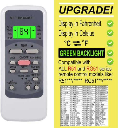 Replacement Air Conditioner Remote Control for Goodman Tgm Midea miller R51I4/BGE R51I4/BGCE UL-R51M/E R51I11/BGE R51L4/BGE R51/CBGE R51/CE R51M/E...
