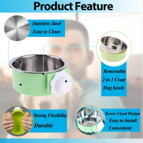 2 Pieces Crate Dog Bowl, Removable Stainless Steel Pet Kennel Hanging Food Water Feeder Bowl Cage Coop Cup for Puppy Medium Dog Cat Rabbit Ferret ...