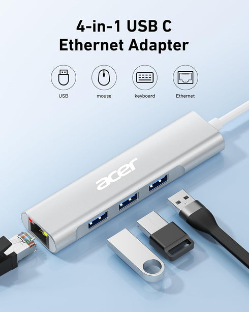 Acer USB C to Ethernet Adapter, 4-in-1 USB C Hub with 3 USB A 3.1 & 1Gbps RJ45 Network, USB C to LAN Adapter for MacBook Pro Air, Surface, Chromeb...