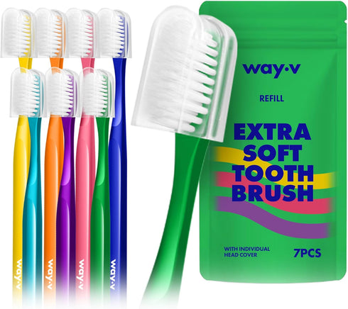 Extra Soft Toothbrush Refill for Adults Sensitive Gums and Teeth with Individual Head Covers, 7 Pcs Manual Toothbrushes - Family and Guests - Gree...