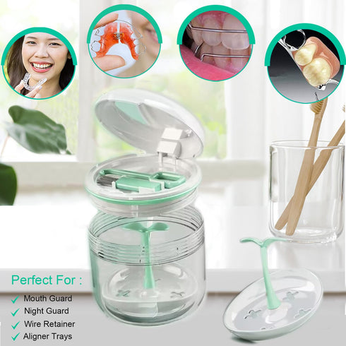 Denture Bath Cup?Retainer Cleaner Case Box,Night Mouth Guard Case Holder,Storage Soak Container with Drain Tray for Travel Cleaning with Mirror an...