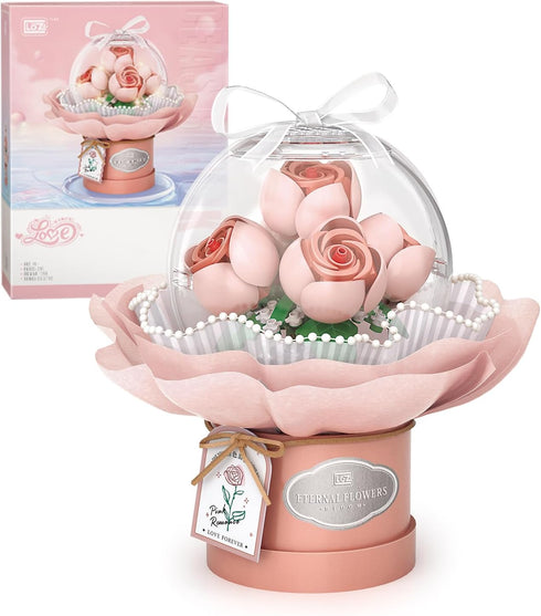 Flower Building Blocks Set with Dust-Proof Dome,Simulation Bouquet for Valentine's Day,Bonsai Building Bricks Toys,Home Decor (Pink)...