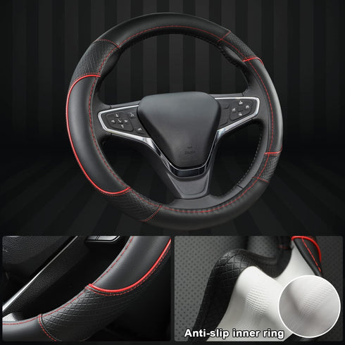 GIANT PANDA Steering Wheel Cover for Chevy Silverado - Car Steering Wheel Cover for Chevrolet Colorado Tahoe -Black+Red Trim...