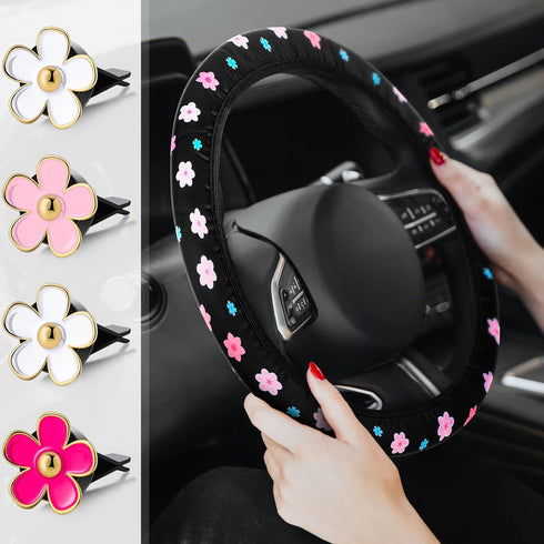 Frienda Cute Steering Wheel Cover Flower Steering Wheel Cover Floral Steering Wheel Cover for Girls with 4 Pieces Cute Flowers Car Air Vent Clips ...