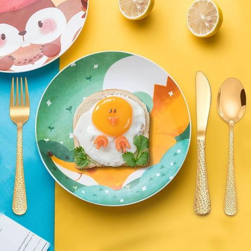 LIANYU 12-Piece Kids Gold Silverware Set, Stainless Steel Toddler Utensils, Hammered Metal Preschooler Flatware Cutlery Set, Children Tableware In...