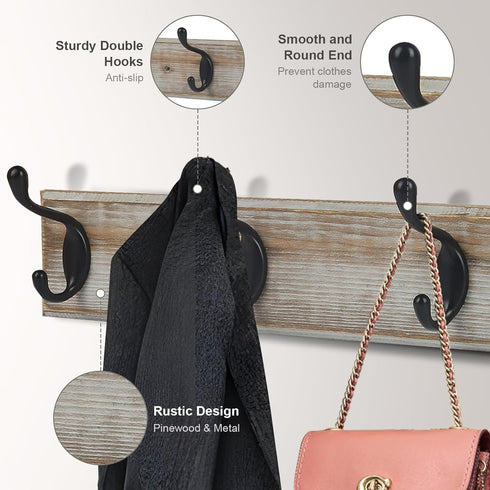 Coat Rack Wall Mounted, Entryway Wall Coat Rack with 4 Rustic Coat Hooks, 17” Vintage Pinewood Hanger Hat, Dual Hook for Hanging Keys Hats, Perfec...