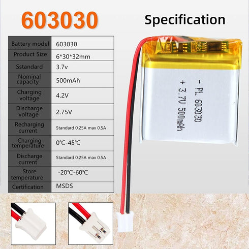 3.7V 500mAh 603030 Lipo battery Rechargeable Lithium Polymer ion Battery Pack with PH2.0mm JST Connector...