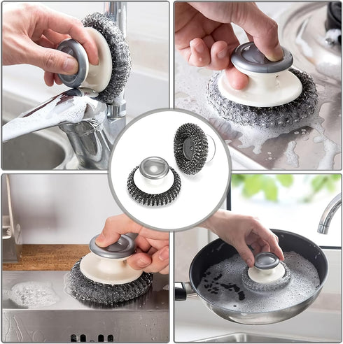 2Pcs Stainless Steel Scrubber with Handle, Steel Wool Scrubber Tool for Cleaning Dishes, Scrubbing Scouring Brush Pad for Kitchen Pots, Pans, Sink...