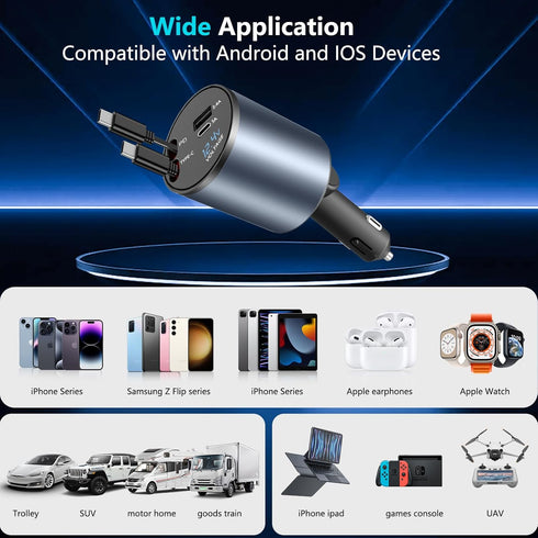 Paiholy 4 in 1 Retractable Car Charger,120W Super Fast Car Charger, Dual Type-C Retractable Cables and 2 USB Ports Car Charger Compatible with Sam...