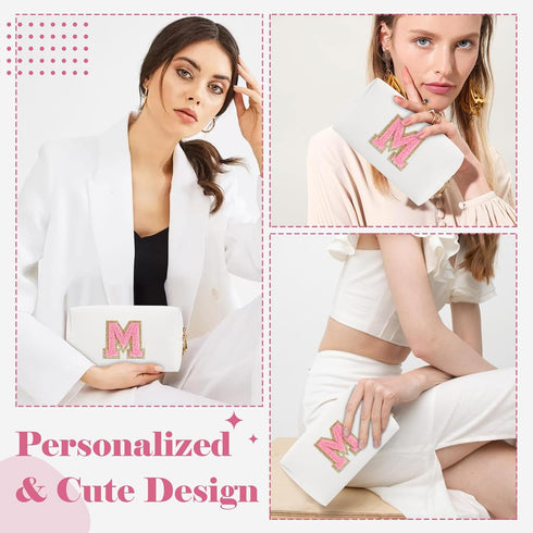 Personalized Makeup Bag Initial A-Z Preppy Patch Bag,Small PU Leather Travel Cosmetic Bag Pouch with Zipper,White Cute Toiletry Bag,Gift Ideal for...