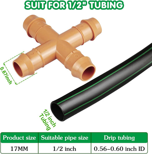 12-Pack Drip Irrigation Barbed Cross Connectors, 1/2 Inch Drip Line 4 Way Couplings for 1/2" Drip Irrigation Tubing, Barbed 4-Way Connectors for D...