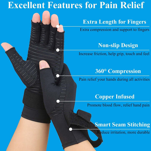 2 Pairs Copper Arthritis Gloves for Women Men, Fingerless Compression Gloves Relieve Hand Pain, Typing Gloves for Arthritis, Carpal Tunnel, Tendon...
