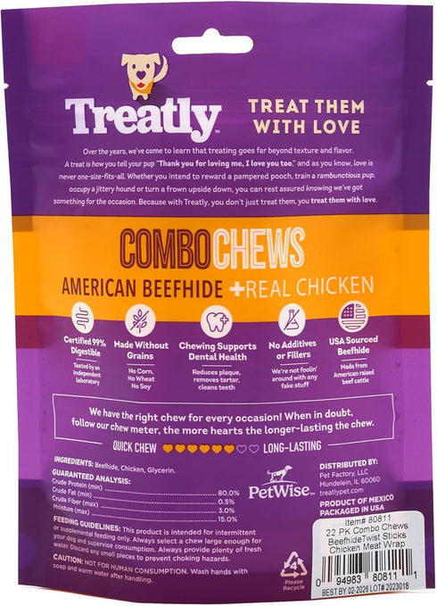 Combo Chews Beefhide Twist Sticks 5" w/Chicken Meat Wrap Dog Chew Treats - 22 Count/1 Pack...