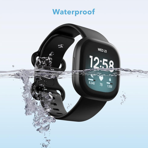 2 Pack Waterproof Bands Compatible with Fitbit Versa 3 / Fitbit Versa 4 / Fitbit Sense/Sense 2 Bands, Classic Soft Sports Replacement Wristbands f...