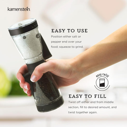 KAMENSTEIN One-Handed 2-in-a-1 Dual Salt and Pepper Grinder-Adjustable and Refillable, 8-Inch, Black...