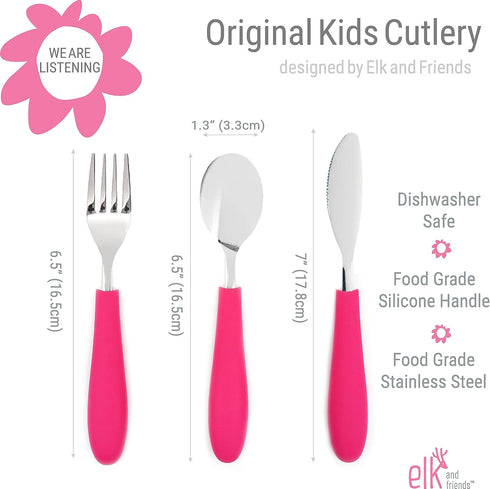 Elk and Friends Kids Silverware with Silicone Handle | Childrens Safe Flatware | Kids Utensils | Spoon + Fork + Knife set | 4 years+ | 6 Pieces...