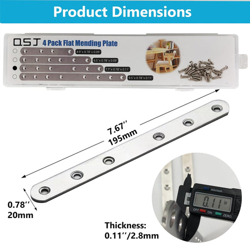 4 Pack Flat Straight Bracket Mending Plate for Wood Stainless Steel Straight Brackets 195mm / 7.7" Wood Brace with Screws...