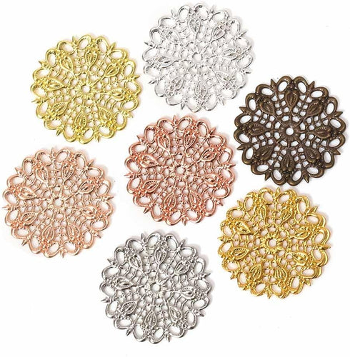 Teensery 35 Pcs Filigree Connectors Charms Pendants Round Metal Flower Filigree Pieces Retro Hollow Filigree Wraps for DIY Hairpin Necklace Earrin...