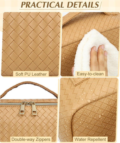 Makeup Bag Cosmetic Bag, Travel Makeup Bag Portable PU Leather Waterproof Bags with Handle Makeup Bags for Women Portable Pouch Open Flat Make Up ...