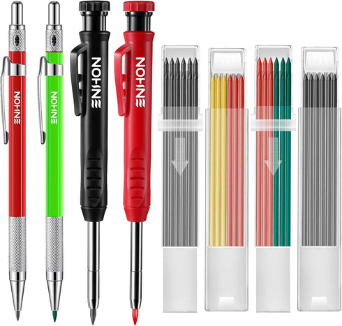Enhon Mechanical Pencil Set with 4 Carpenter Pencils and 40 Construction Pencil Refill, Woodworking Tools for Carpenters, Long Head Deep Hole Mark...