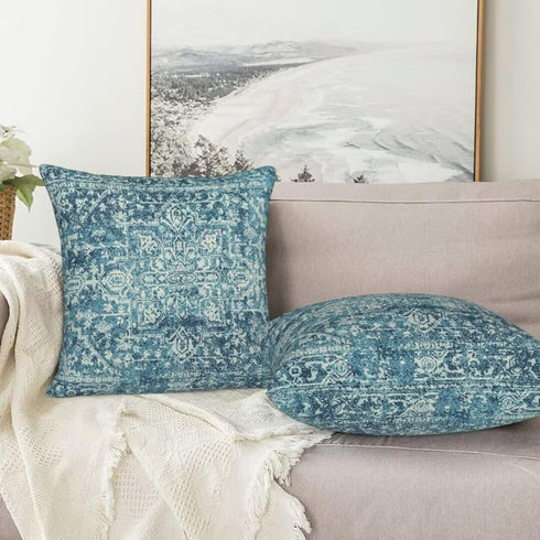 Teal Boho Pillow Covers 22x22 Set of 2, Bohemian Carpet Pattern Outdoor Decorative Throw Pillows Linen Ethnic Design Rustic Farmhouse Cushion Case...