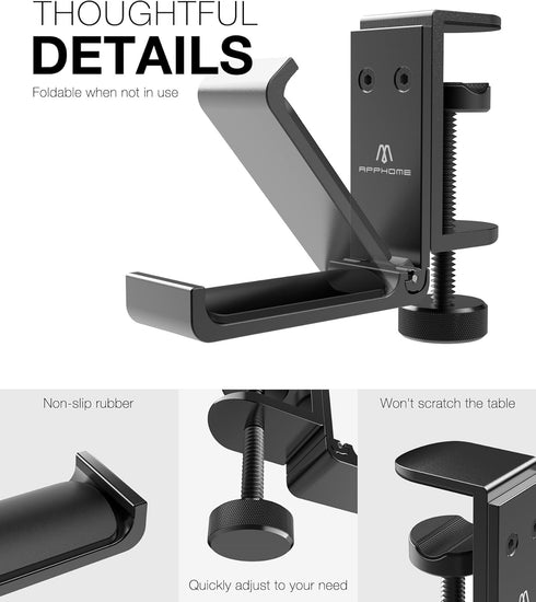 Foldable Headphone Stand Hanger Holder, Space-Saving Aluminum Soundbar Stand with Universal Fit for Gaming PC Accessories, Under Desk Clamp Hook M...