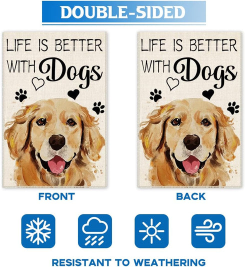 Life is Better with Dogs Golden Retriever Garden Flag, 12 x 18 Inch Double Sided Holiday Yard Outdoor Farmhouse Flag, Garden Flag with Dog, Dog Lo...