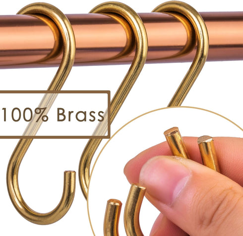 12-Pack 3.95" Brass S Hooks for Hanging – Heavy-Duty S-Shaped Hook for Coffee Cups Mug Coat Clothes Storage Hangers Kitchen Pot Pan Racks...